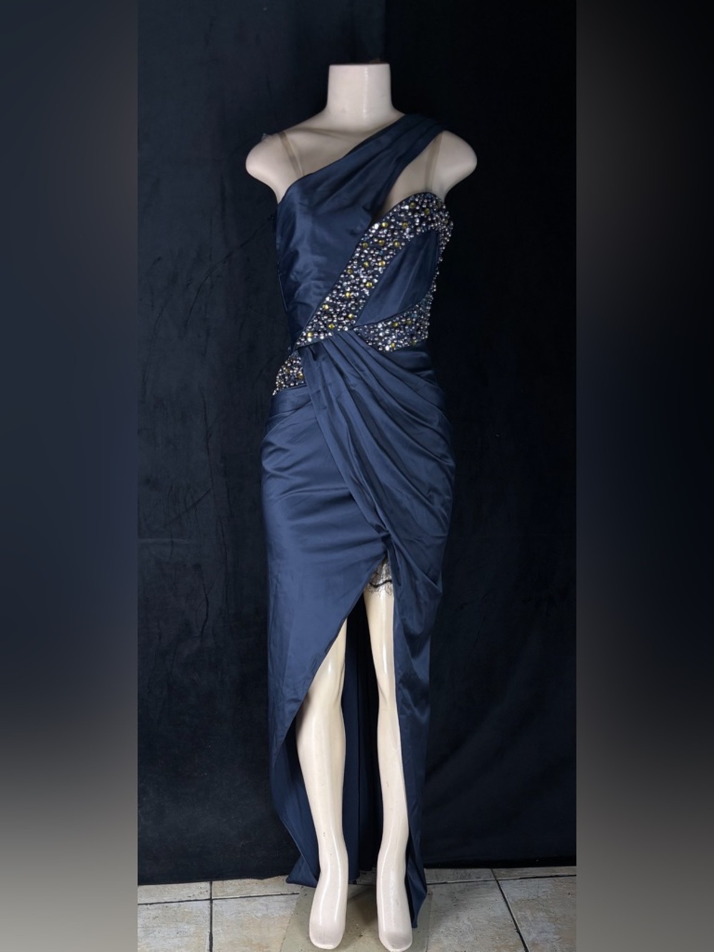Evening One-Shoulder Navy Dress with Embellished Waist